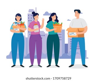 people with boxes of charity donation vector illustration design