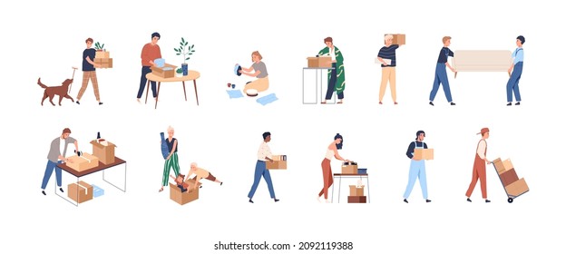 People with boxes during relocation set. Men, women, kids pack stuff into cardboards, relocate, leave homes and offices, move to new ones. Flat graphic vector illustration isolated on white background