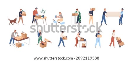 People with boxes during relocation set. Men, women, kids pack stuff into cardboards, relocate, leave homes and offices, move to new ones. Flat graphic vector illustration isolated on white background