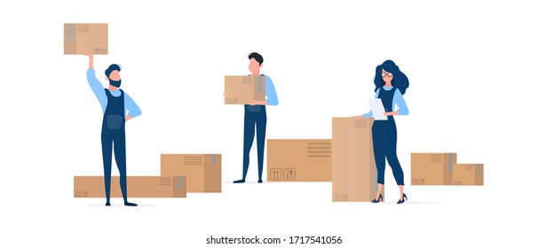 People with boxes. Movers are holding cardboard boxes. The girl with the list in her hands. Design element on the subject of delivery and moving. Isolated. Vector.