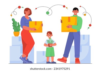 People with boxes moving concept. Man and woman with kid relocates. Immigration to other home. Owner with loader carring parcels. House or apartment. Cartoon flat vector illustration
