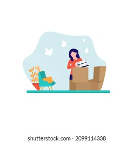 People with boxes moving to new location flat vector illustration. Female cartoon characters packing things. woman unpacking furniture in room.