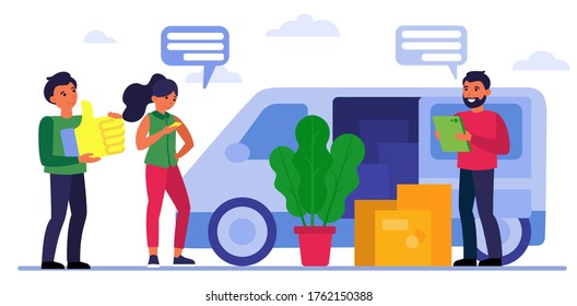 People with boxes at moving truck. Van, couple, moving house, cargo flat vector illustration. Delivery, logistic service concept for banner, website design or landing web page