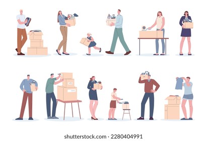 People with boxes, person packaging office or home things in cardboard box. Move, delivery or courier. Leave apartment kicky vector characters