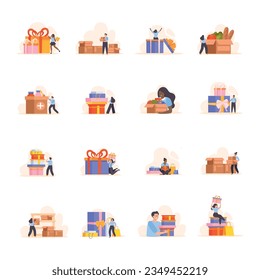 People with boxes set of flat isolated icons with doodle human characters and festive gift packages vector illustration