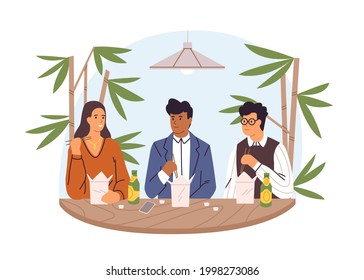 People with boxes of takeaway Asian food at dining table. Colleagues at lunch break in office, eating and talking together. Colored flat vector illustration isolated on white background