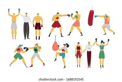 People are boxing, kickboxing, vector illustration. Boxer is training, beats punching bag, win sparring and competition. Set of sportsmen characters in flat style, isolated on white.