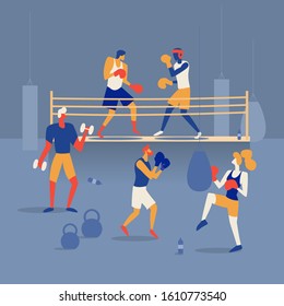 People are boxing on the ring, training in the gym with a boxing bag and barbells. Flat Vector Illustration