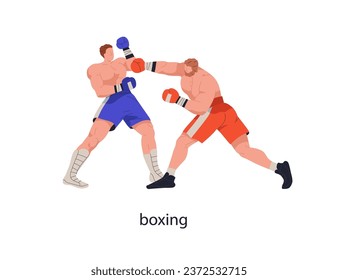 People boxing. Sport fighters, box combat, competition. Boxers fighting in gloves, punching with fist in battle. Men athletes wrestling. Flat graphic vector illustration isolated on white background