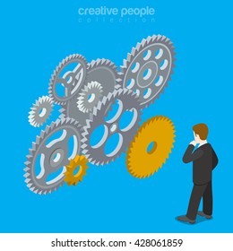 People brain gear vector concept. Man mind wheel thinking creative design illustration. Person think idea gears mechanism work business conception on blue background.