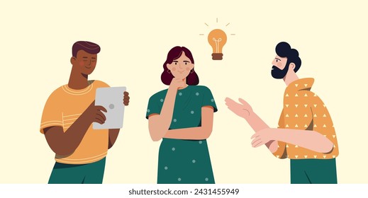 People brainstorm concept. Men and woman discuss about lightbulb. Insight and idea. Workers work at common project and start up. Cartoon flat vector illustration isolated on beige background