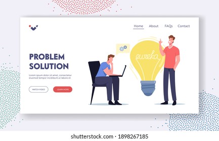 People Brainstorm Searching Solution Landing Page Template. Eureka Concept. Businessmen Colleagues Characters with Laptop Sit at Huge Light Bulb Thinking Creative Idea. . Cartoon Vector Illustration