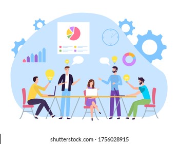 People brainstorming at business meeting, vector illustration. Company worker character make new idea project in office. Active discussion man woman, creative offers and solutions.