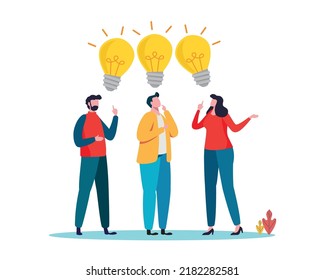 People Brainstorming for new idea, creative business ideas with a light bulbs. Business solution concept. Flat cartoon vector illustration