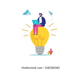 People Brainstorming for new idea, creative business ideas with a light bulbs. Business solution concept. Flat cartoon vector illustration