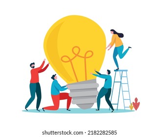 Gente Brainstormando por nuevas ideas, ideas de negocios creativas con bombillas. Concepto de solución empresarial. Ilustración vectorial de dibujos animados planos