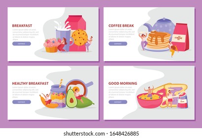 People with breakfast flat banner set with coffee break healty breakfast and good morning headlines vector illustration