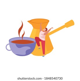 Personas con composición plana de desayuno con carácter de estiramiento del hombre y taza de café con ilustración vectorial de la olla de elaboración