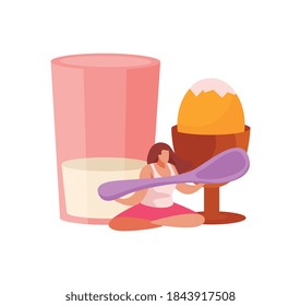 People with breakfast flat composition with icons of glass and egg in cup with girl holding spoon vector illustration