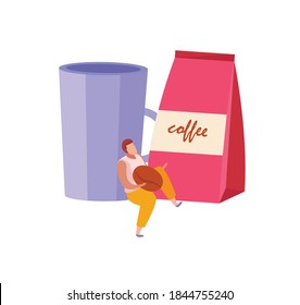 People with breakfast flat composition with icons of cup with coffee pack and human character vector illustration