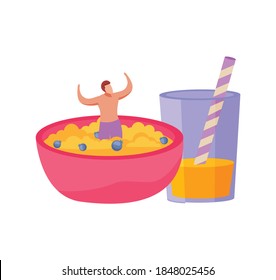 People with breakfast flat composition with male character floating in dish with porridge and juice glass vector illustration