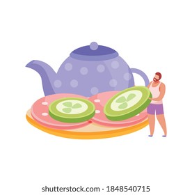 People with breakfast flat composition with man making open face sandwich with teapot icon vector illustration