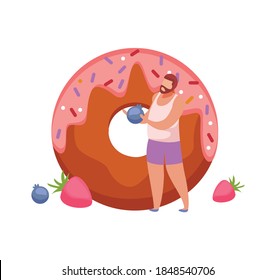 People with breakfast flat composition with small character of barbed man with berries and donut icons vector illustration