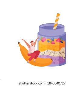 People with breakfast flat composition with yoghurt jar and human character riding banana vector illustration