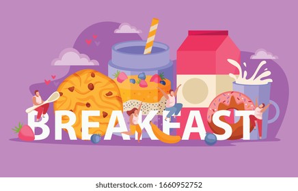 People with breakfast flat concept big abstract word and human sits on it with big spoon vector illustration