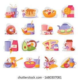 People with breakfast flat icon set with men and women sit with spoons jumping and having vector illustration