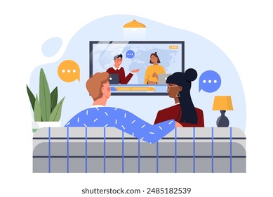 People with breaking news. Man and woman sitting on sofa and watching news broadcast. Evening entertainment and fun. Television show. Flat vector illustration isolated on white background