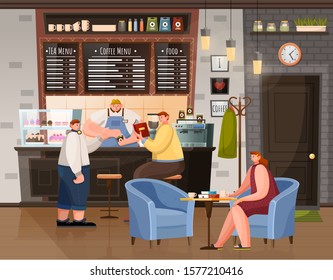 People breaktime with beverage in coffeehouse. Woman sitting at table with cup, men sitting near bar with bartender or waiter. Interior of restaurant urban place with coffee, tea and food menu vector