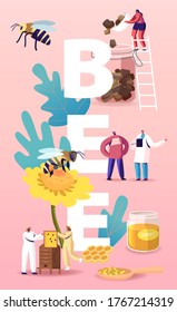 People Breed Bees, Extracting Honey Concept. Beekeeper at Apiary Taking Honeycombs Frame. Characters Producing Natural Eco Product on Beekeeping Farm Poster Banner Flyer. Cartoon Vector Illustration