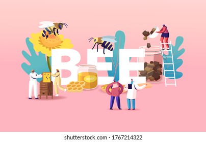 People Breed Bees, Extracting Honey Concept. Beekeeper at Apiary Taking Honeycombs Frame. Characters Producing Natural Eco Product on Beekeeping Farm Poster Banner Flyer. Cartoon Vector Illustration