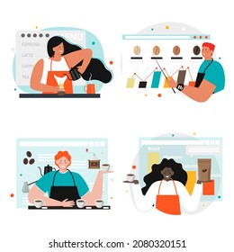 People brewing, demonstrating coffee, vector isolated illustration. Barista cartoon character set. Coffee advertising.