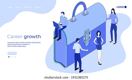 People and a briefcase.The concept of career growth, striving for new achievements.3d image.Isometric vector illustration.The landing page template.