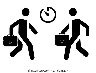 People with a briefcase in hand rush to work. Office worker. Working hours. Labor Day. Business briefcase. Work time. Template for text. Place for text. Poster. Advertising on the billboard. Vector.