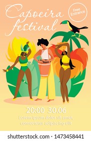 People in Bright Brazilian Costumes at Capoeira Festival. Party Invitation. People Have Fun. Vector Illustration. Advertising Image with Text. Drummer and Two Dancers.