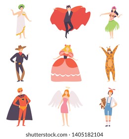 People in Bright Festival Costumes Set, Vampire, Hawaiian Girl, Cowboy, Princess, Tiger, Superhero, Angel, Masquerade Ball, Carnival Party Design Element Vector Illustration