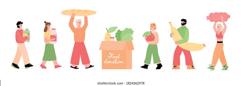 People bringing food in food donation box. Donating food charity activity and sustainable consumption trends, flat cartoon vector illustration isolated white background