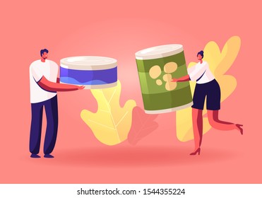 People Bringing Foodstuffs for Collecting Donation Box. Volunteers Prepare Food to Poor People. Man and Woman Holding Canned Food Jars Poverty and Volunteering Concept Cartoon Flat Vector Illustration