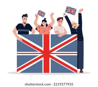 People with british flag. Metaphor of learning English, foreign language. Training and education. Poster or banner for website. Interaction and communication. Cartoon flat vector illustration