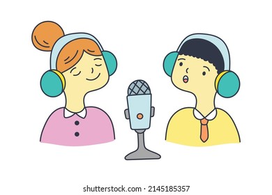 People broadcasting podcast. Vector illustration