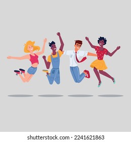 The people broke jumping. Cute young teenage boy, girl jumping together for joy team win fun celebration of smiling students