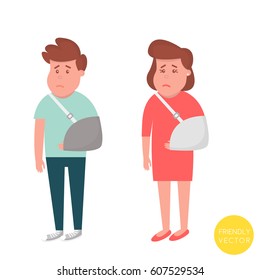 People with broken arm. Injured man and woman with sling. Vector Illustration