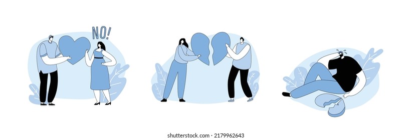 People With Broken Heart, End Of Love Concept. Young Man And Woman Pull Apart Broken Heart Parts Female Character Say No To Lover, Disagreement, Cheating And Parting. Line Art Flat Vector Illustration