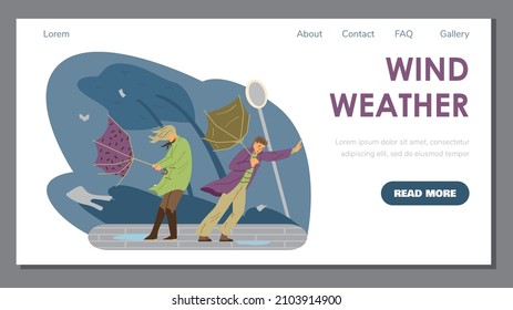 People with broken umbrellas during hurricane and heavy wind, landing page template - flat vector illustration. Web banner with concept of windy weather and bad meteorological conditions.