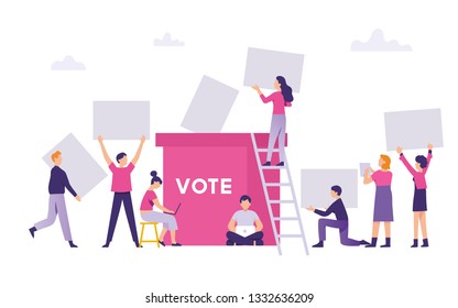 People Brought The Vote Results In The General Election To Election Box, Public Bring Their Decision To Voting Box, Vote Concept Flat Vector Illustration