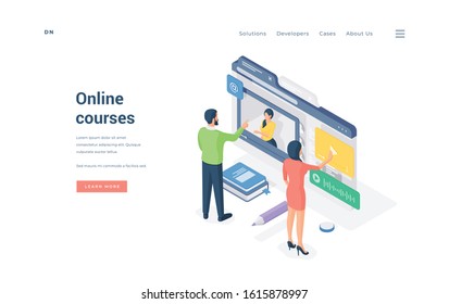 People browsing online courses in Internet. Isometric man and woman watching videos while learning through Internet on banner of website advertising online courses vector illustration