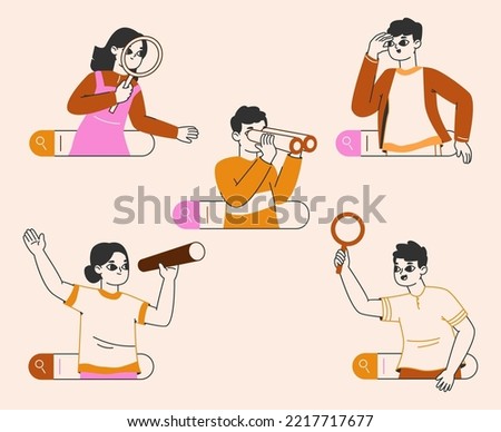 People browsing online use search bars. Web searching, internet surfing and information browsing flat concept vector illustration. Search bars users